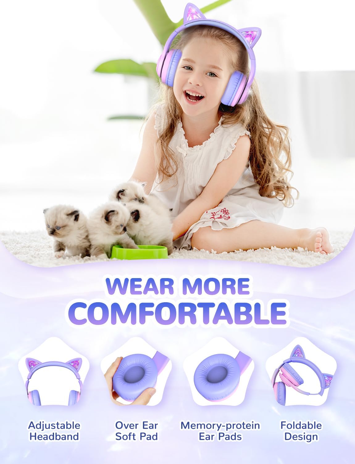 Detalle 2 de iClever Kids Bluetooth Headphones BTH13: Cat Ear LED Lights, 50H Playtime, Safe Volume for Kids