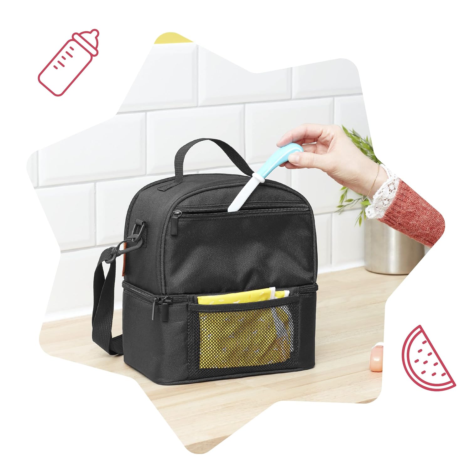 Detalle de Badabulle Isoliertasche Pick & Go mit separaten 2 Innenfächern – 5-Liter-Wärme/Kälte-Transport für Babymahlzeiten