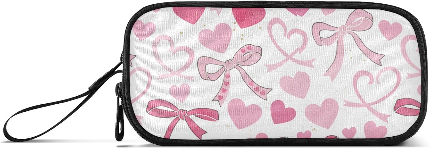 Thumbnail 1 de ISAOA Big Capacity Pencil Case Pink Bows and Hearts – White Pouch Bag for School, Work and Travel