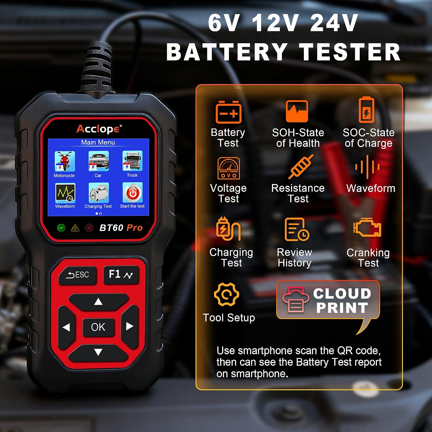 Thumbnail 4 de Acclope BT60 PRO Autobatterie Tester – 6V/12V/24V Diagnostik mit Cloud-Druck und Lithium-Kompatibilität