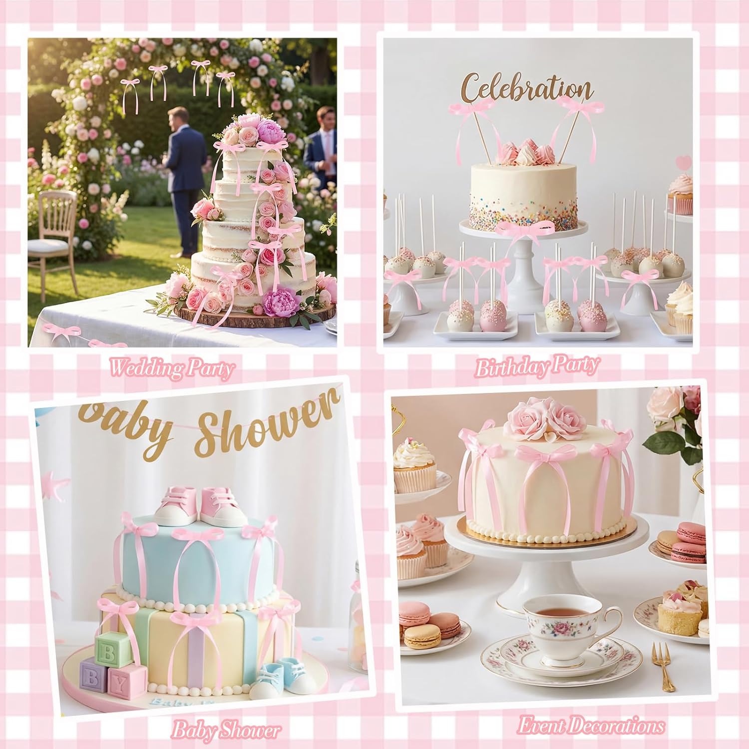 Detalle 2 de 30-Pack Pink Bow Cake Toppers with Ribbons for Coquette-Themed Cakes & Cupcakes