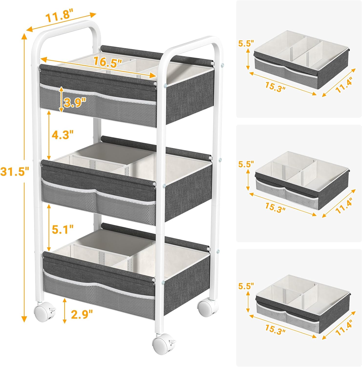 Detalle 2 de Baby Diaper Caddy Rolling Utility Cart, 3-Tier Nursery Organizer in White