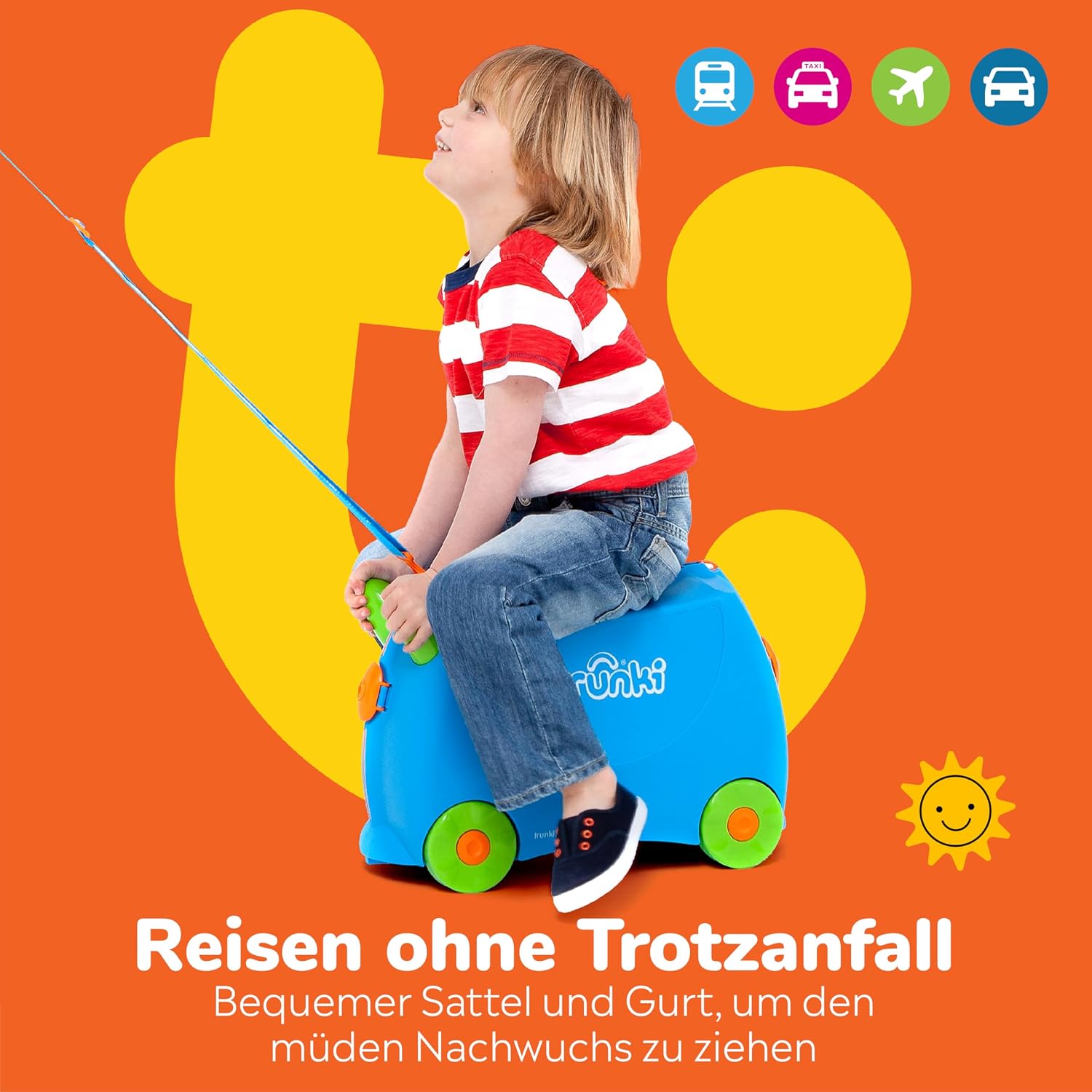 Detalle de Trunki Der originale Kinderkoffer zum Draufsitzen – 18 L Handgepäck, befahrbarer Hartschalen Reisekoffer mit Rollen