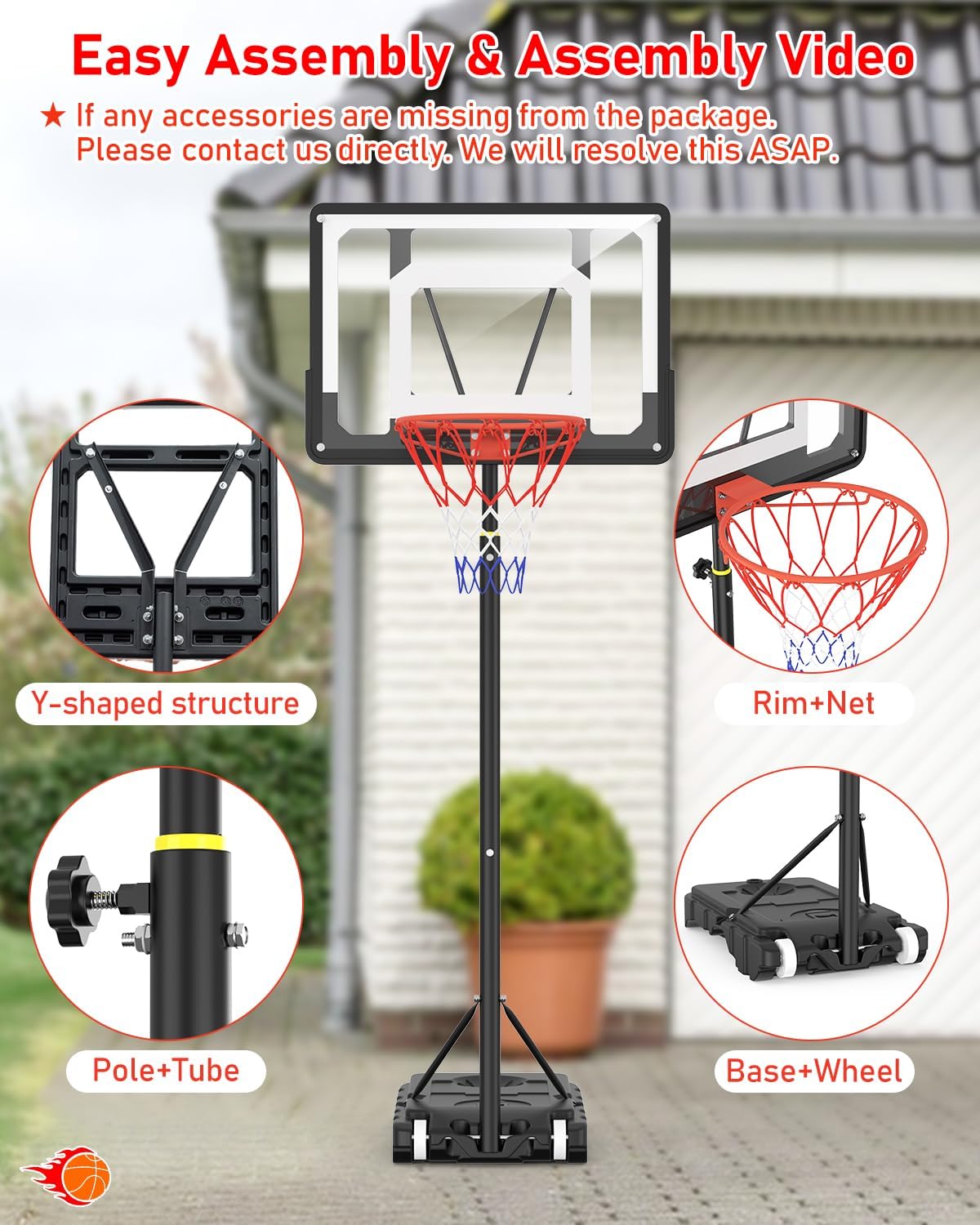 Detalle 2 de Adjustable Basketball Hoop and Stand (5ft–7ft) with 33in Shatterproof Backboard and Stand Wheels