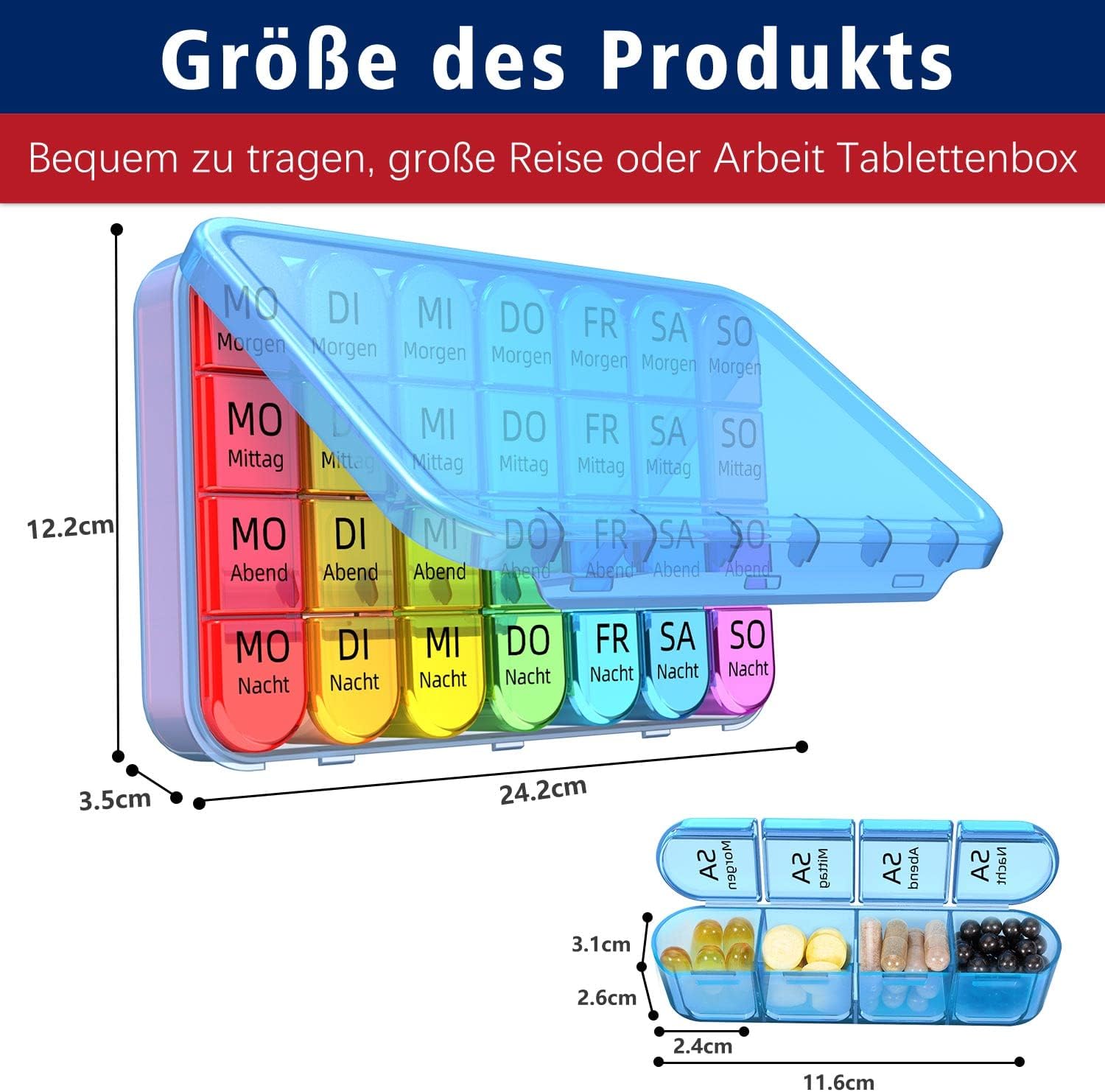 Thumbnail 5 de Doruimi 7-Tage-Tablettenbox mit 4 Fächern (morgens, mittags, abends) – blau