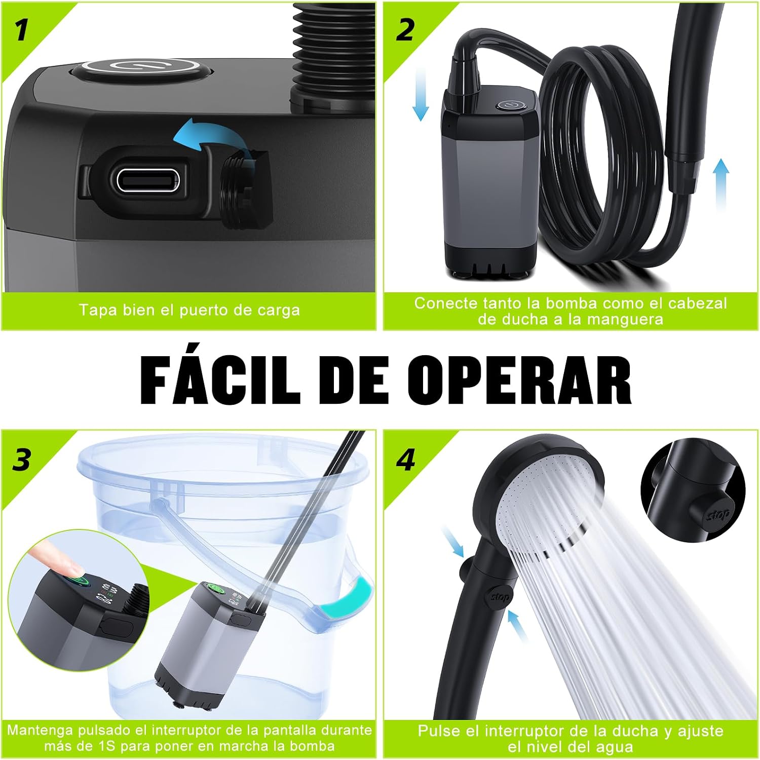 Detalle de Ducha Portátil Spopal Camping con Pantalla de Energía y 6000 mAh: agua limpia, flujo regulable y batería para baños al aire libre