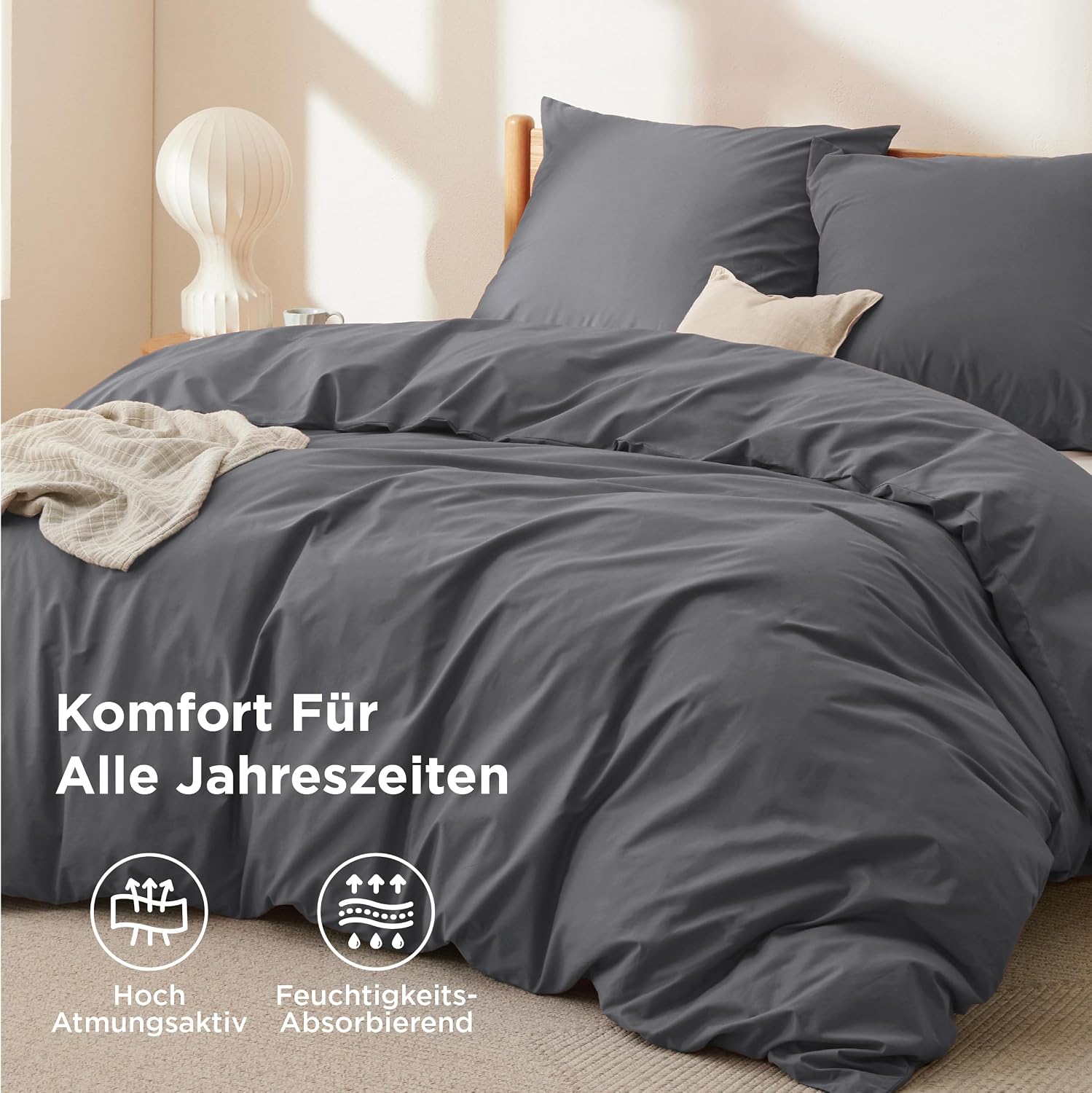 Detalle de BEDSURE Bettwäsche 200x200 Baumwolle, 3-teilig, dunkelgrau – 1x Bettbezug 200x200 + 2x Kissenbezüge 80x80, Reißverschluss, OEKO-TEX