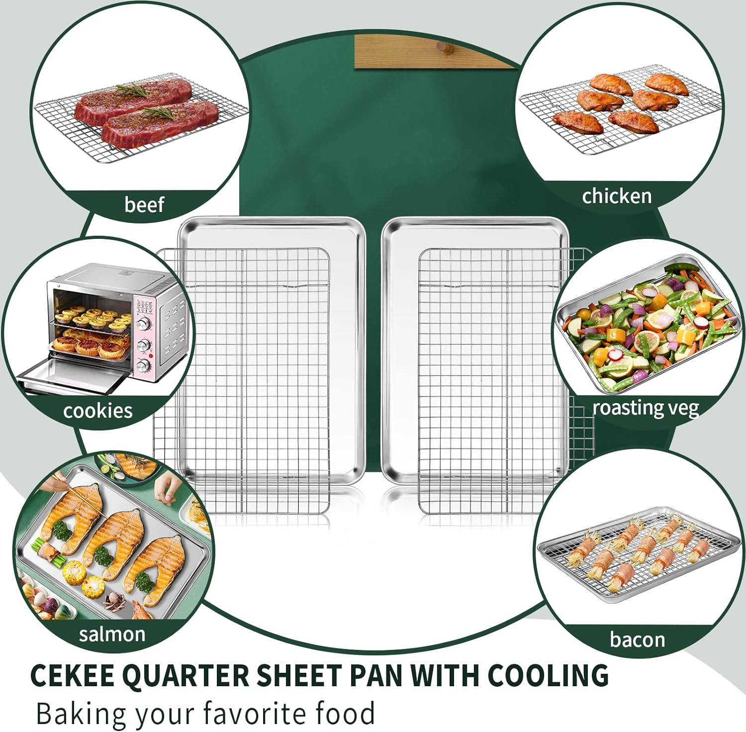 Detalle de CEKEE Quarter Sheet Pan with Cooling Rack Set — 2 Baking Sheets + 2 Racks, Stainless Steel, 12 x 9.8 x 1 Inch