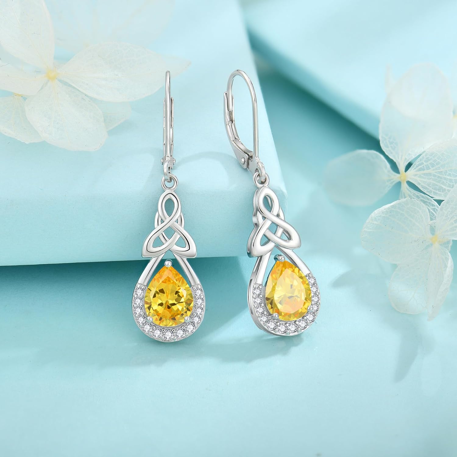 Thumbnail 3 de FJ keltischer Knoten Ohrhänger aus 925er Sterling Silber mit Infinity-Tropfen und Geburtsstein