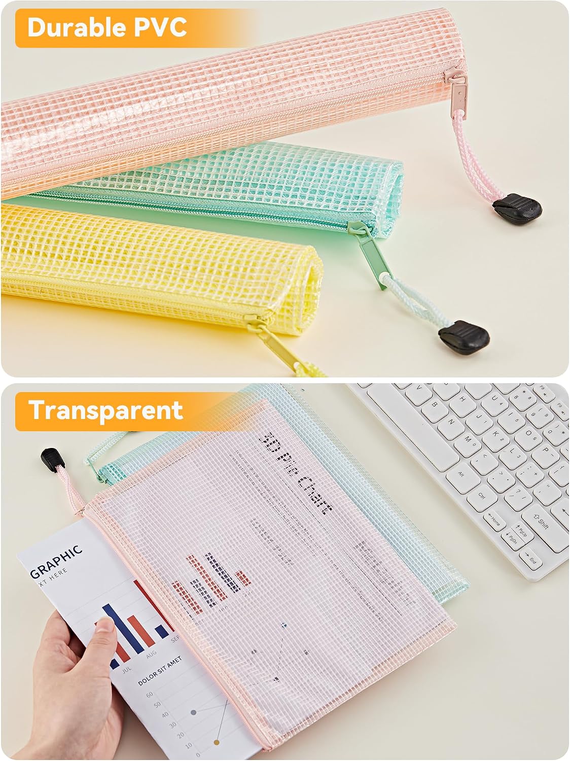Thumbnail 2 de HEETA A5 Plastic Wallets, 12-Pack: Sturdy Mesh Zip Bags in 6 Macaron Colours