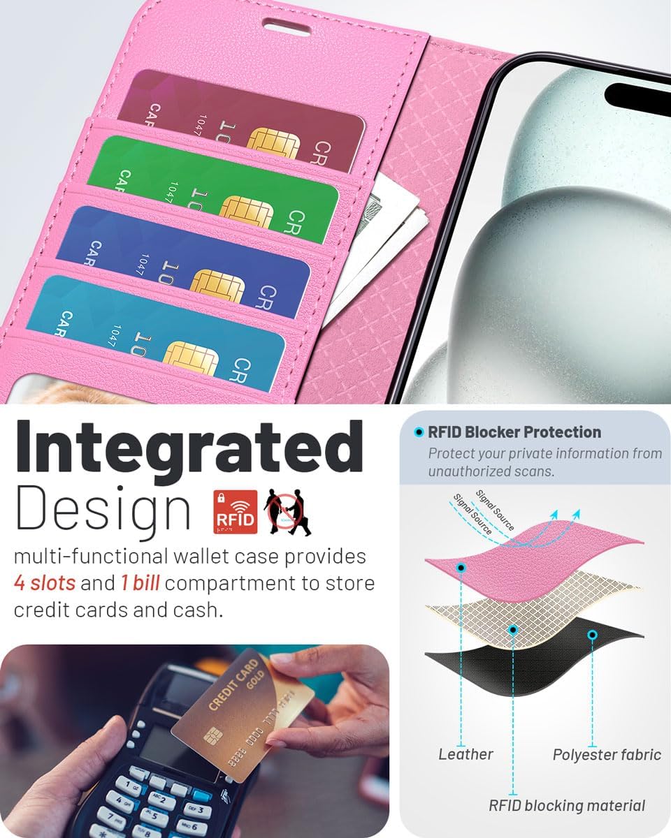 Detalle de OCASE Lederhülle für iPhone Air 5G – Kartenfach, RFID-Schutz, Standfunktion, rosa