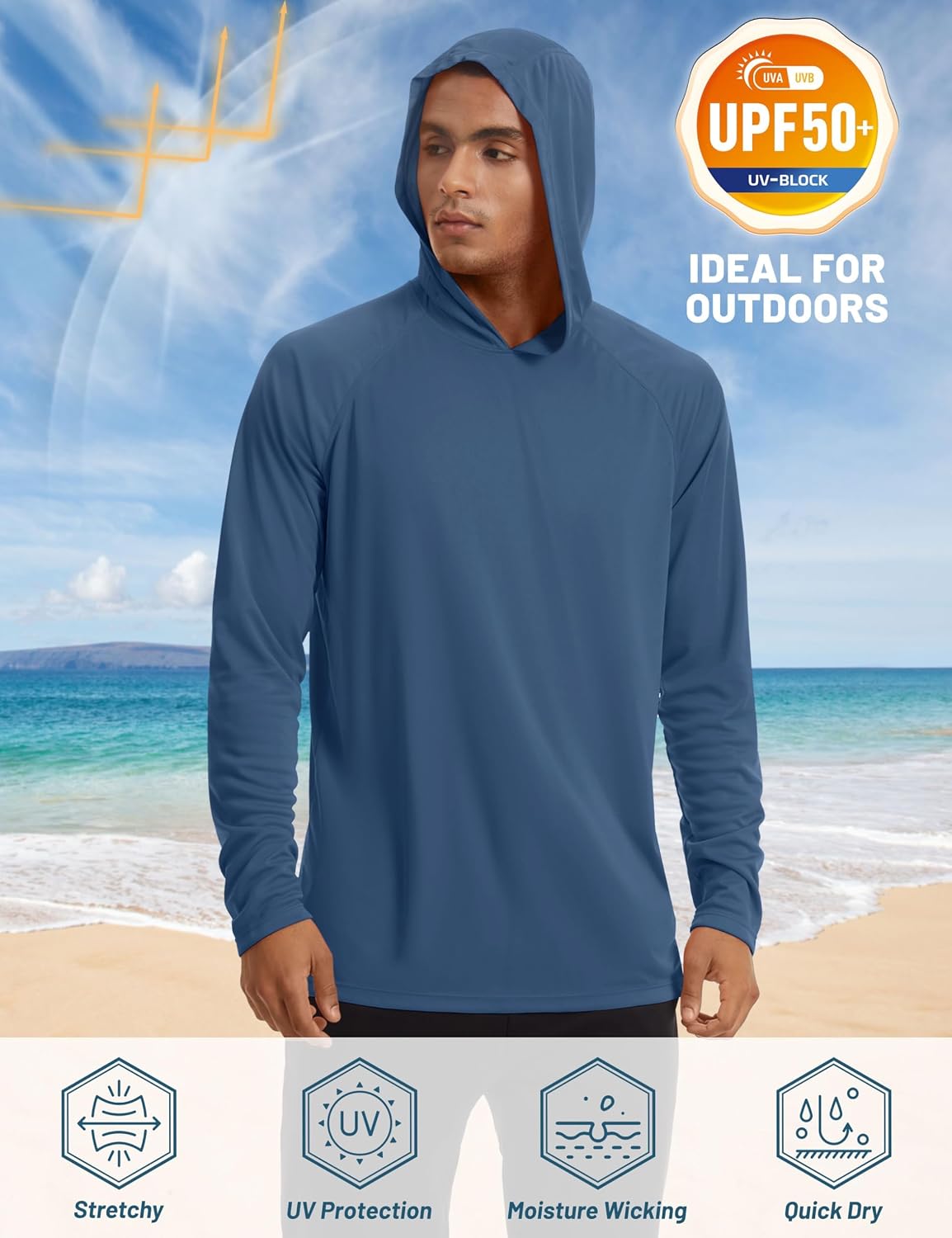 Detalle de TACVASEN Hommes UPF 50+ T‑shirt à capuche