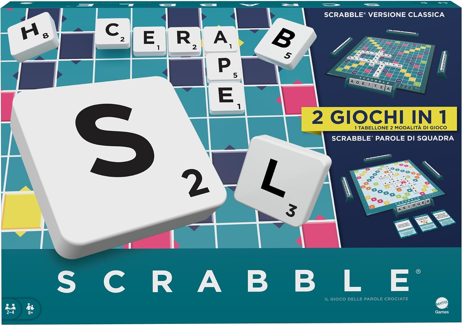 Detalle de Mattel Games Scrabble – Il gioco da tavolo delle parole (nuova versione) con doppio tabellone e Parole di Squadra HXW03