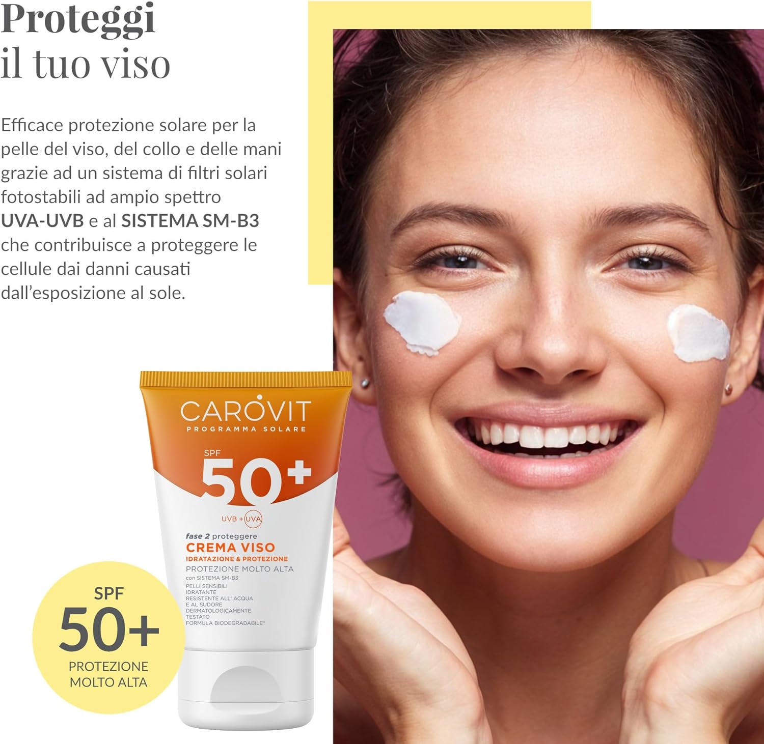 Detalle 2 de Carovit Crema Viso SPF 50+: protezione solare ad ampio spettro per pelli sensibili