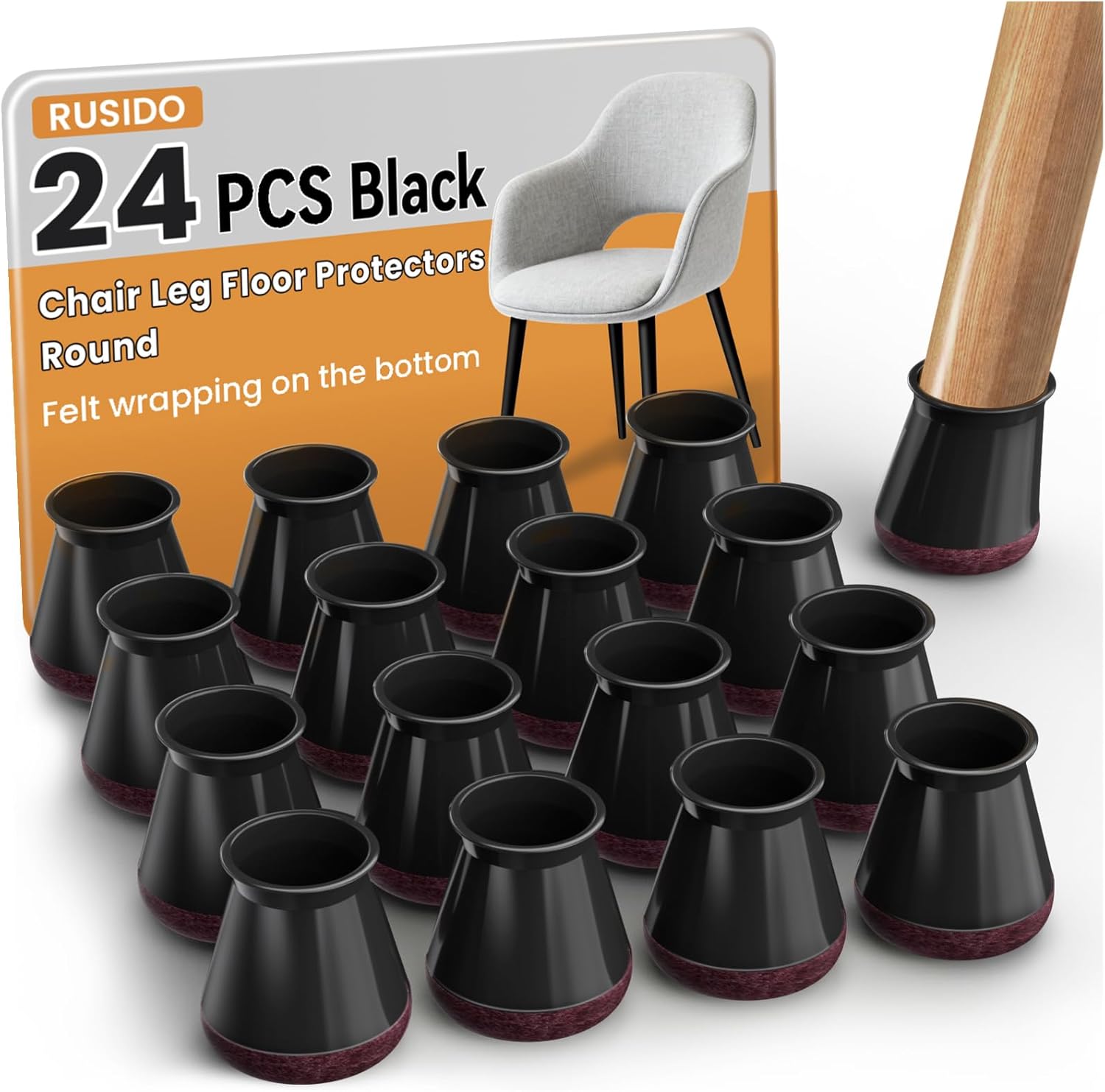 Detalle de RUSIDO – 24 embouts de pied de chaise en silicone et feutre noir, pour pieds ronds 14–20 mm