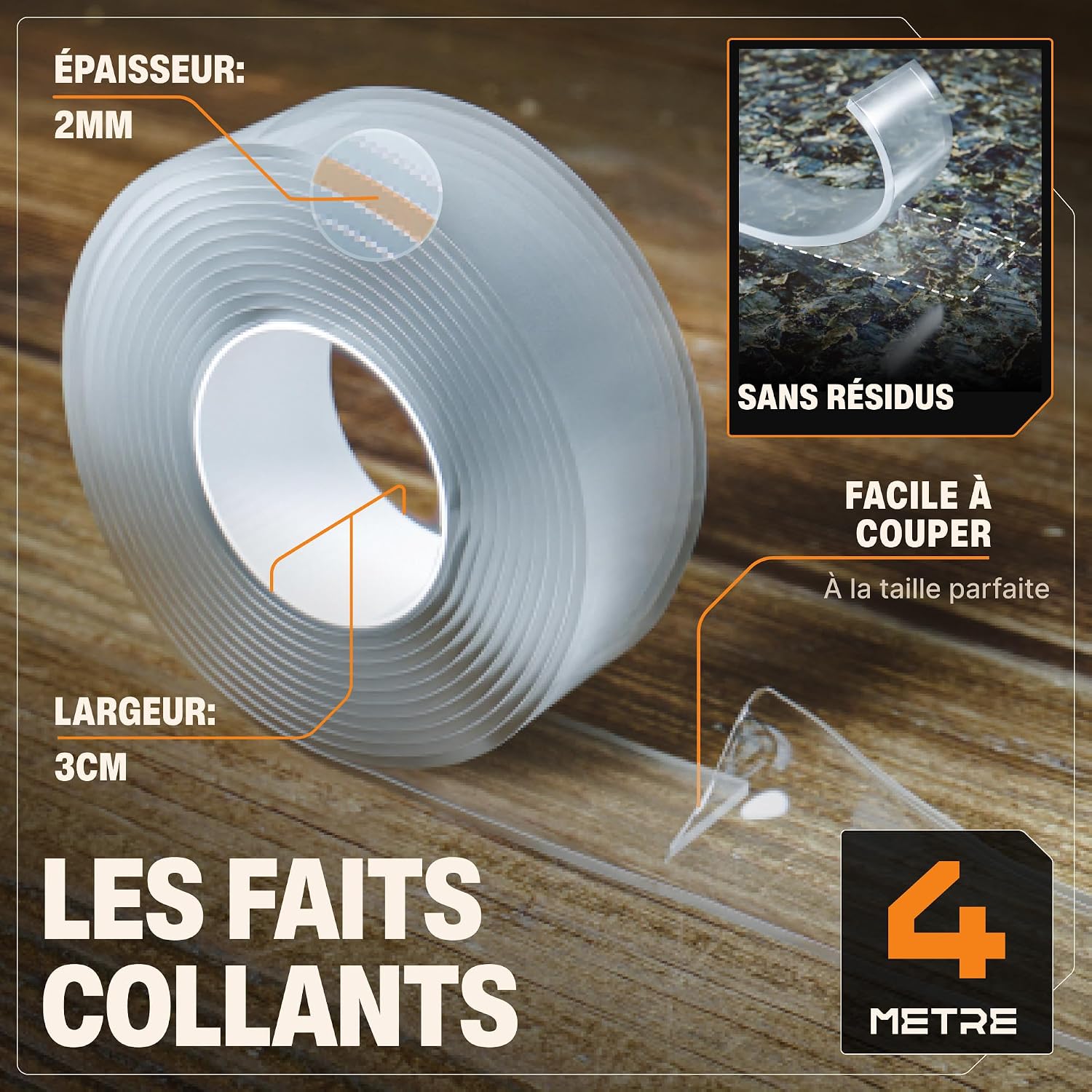 Detalle de BAURIX Ruban adhésif double face transparent extra fort, 2 × 4 m