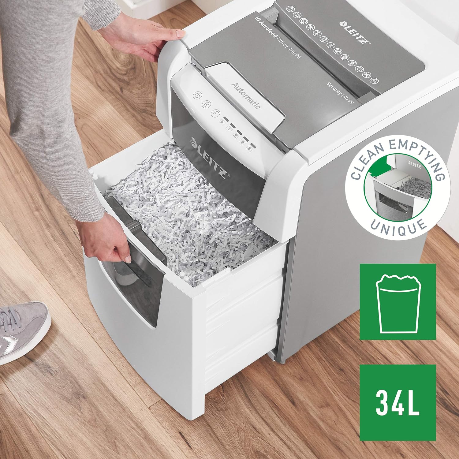 Detalle de Leitz IQ 80120000 Destructeur de Documents – coupe micro sécurité P5, 100 feuilles, corbeille 34 L, blanc