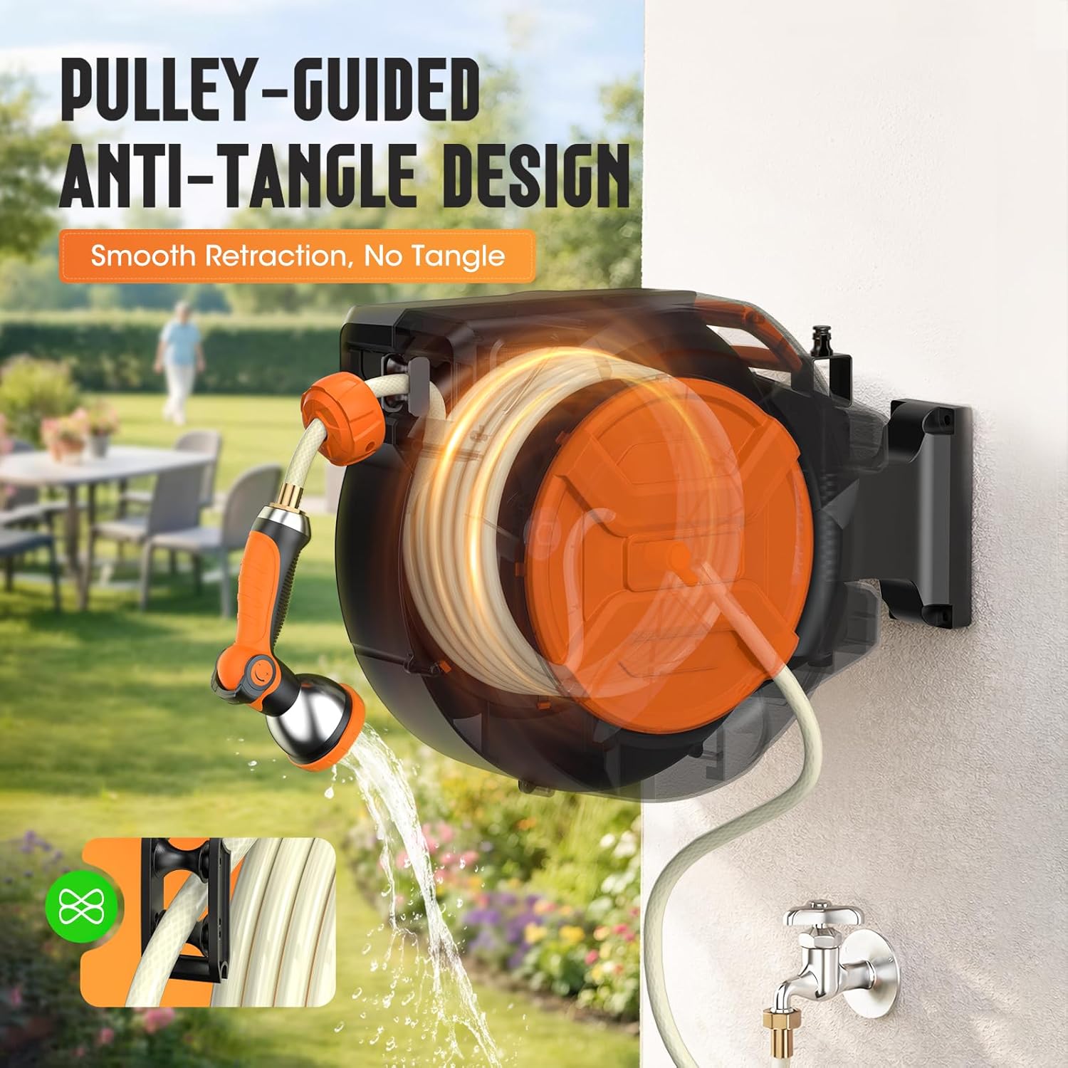Thumbnail 1 de Garden Hose Reel 2-in-1 Wall Mounted Portable Auto Rewind Hose Reel with 180° Swivel Bracket, Any Length Lock & 9-Pattern Nozzle (1/2in 30+2m)