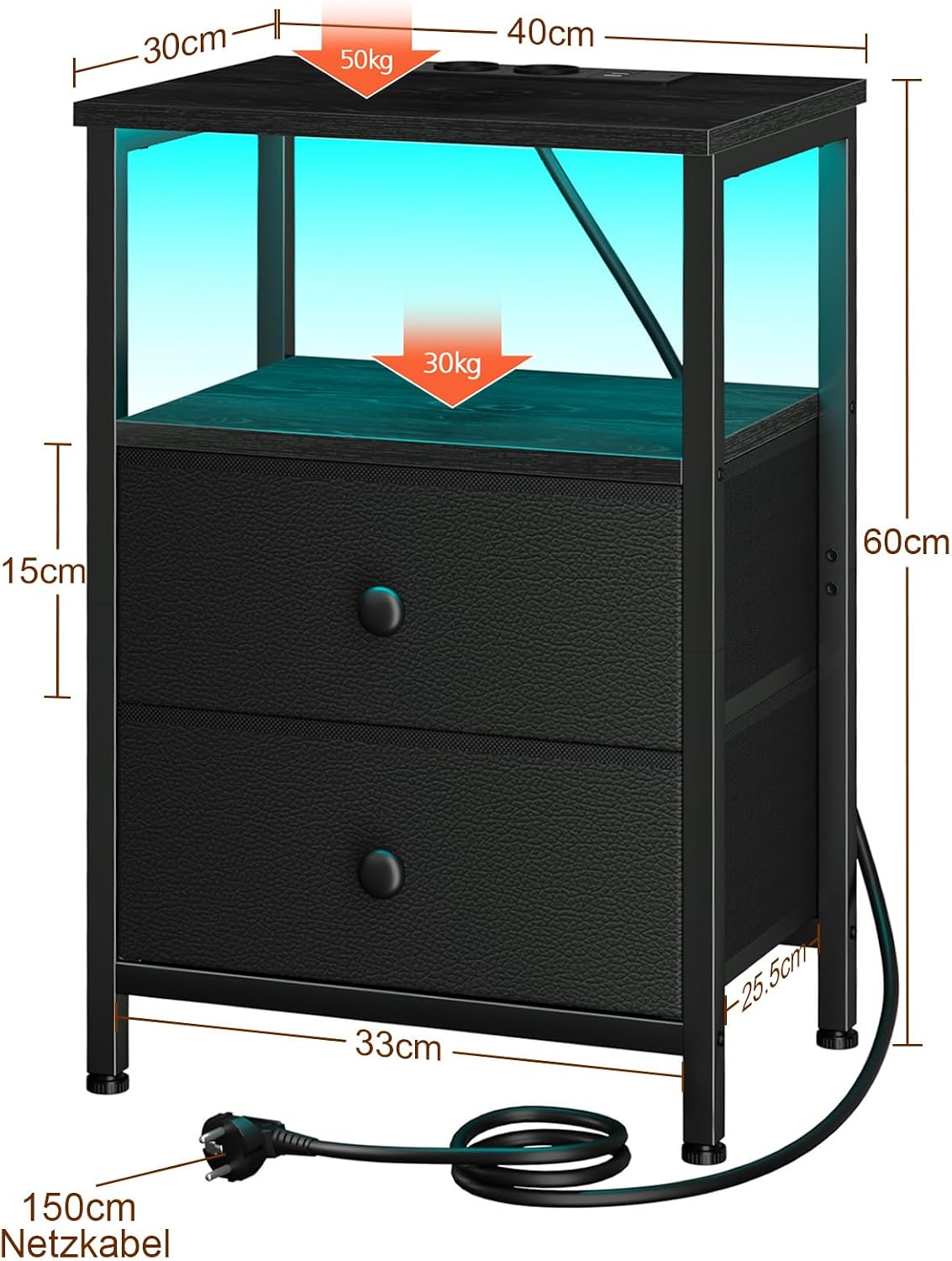 Detalle de AMHANCIBLE HETS02BK-1 Bedside Table with LED Lights and Charging Station, Black