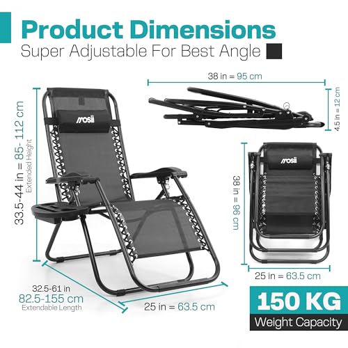 Detalle de Mosii Sun Loungers Set of 2: Heavy Duty Zero Gravity Garden Chairs with Cup Holders, Headrest Pillow and Folding Design