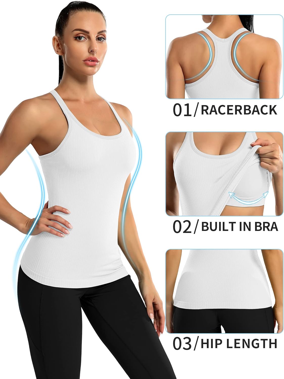 Thumbnail 5 de ATTRACO Ribbed Workout Tank Tops with Built-In Bra (Removable Padding) — Racerback Scoop Neck