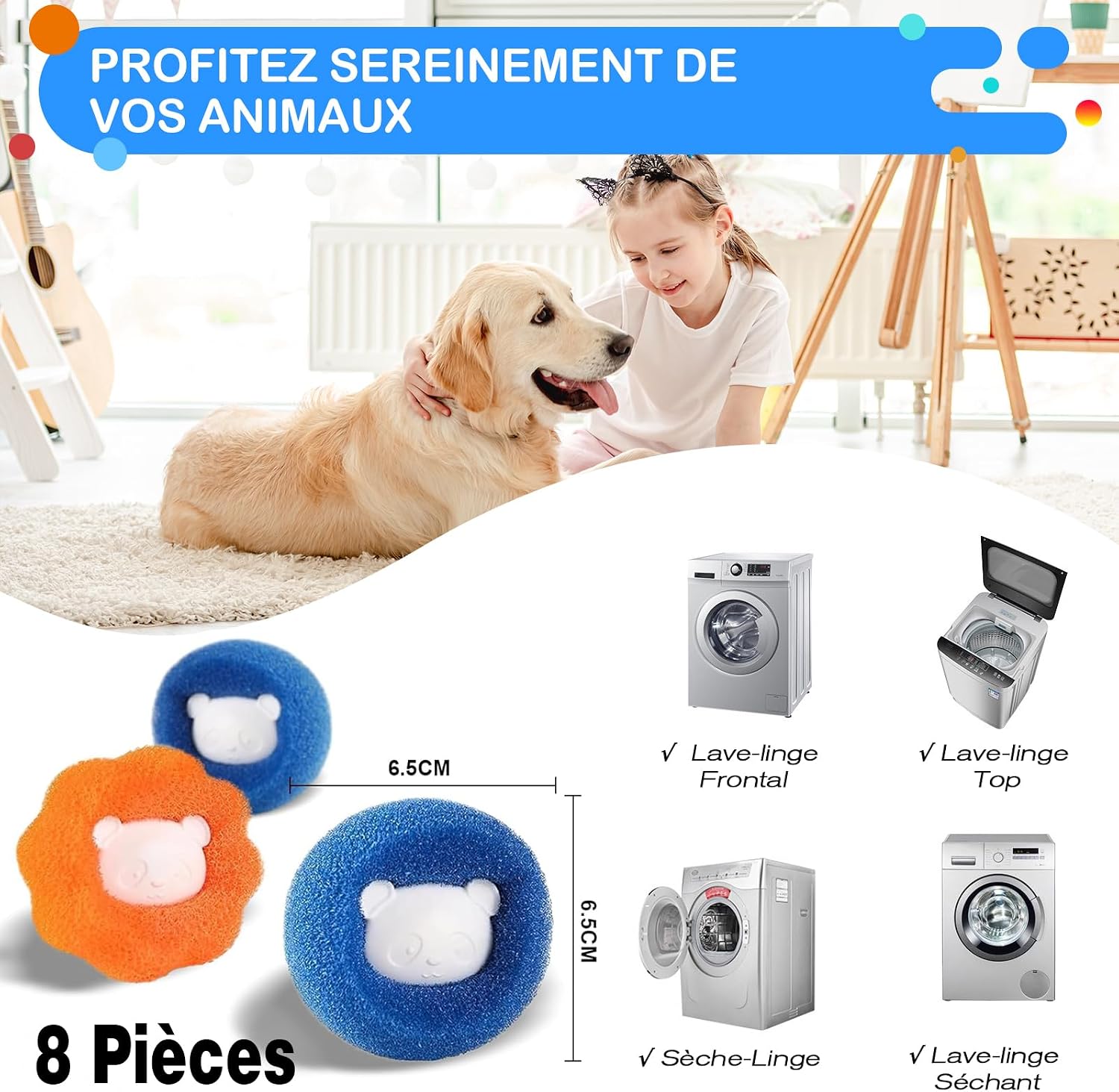 Detalle de Boule Anti Poils Machine à Laver de Yalisite – Absorbe Cheveux et Peluches, Orange+Bleu