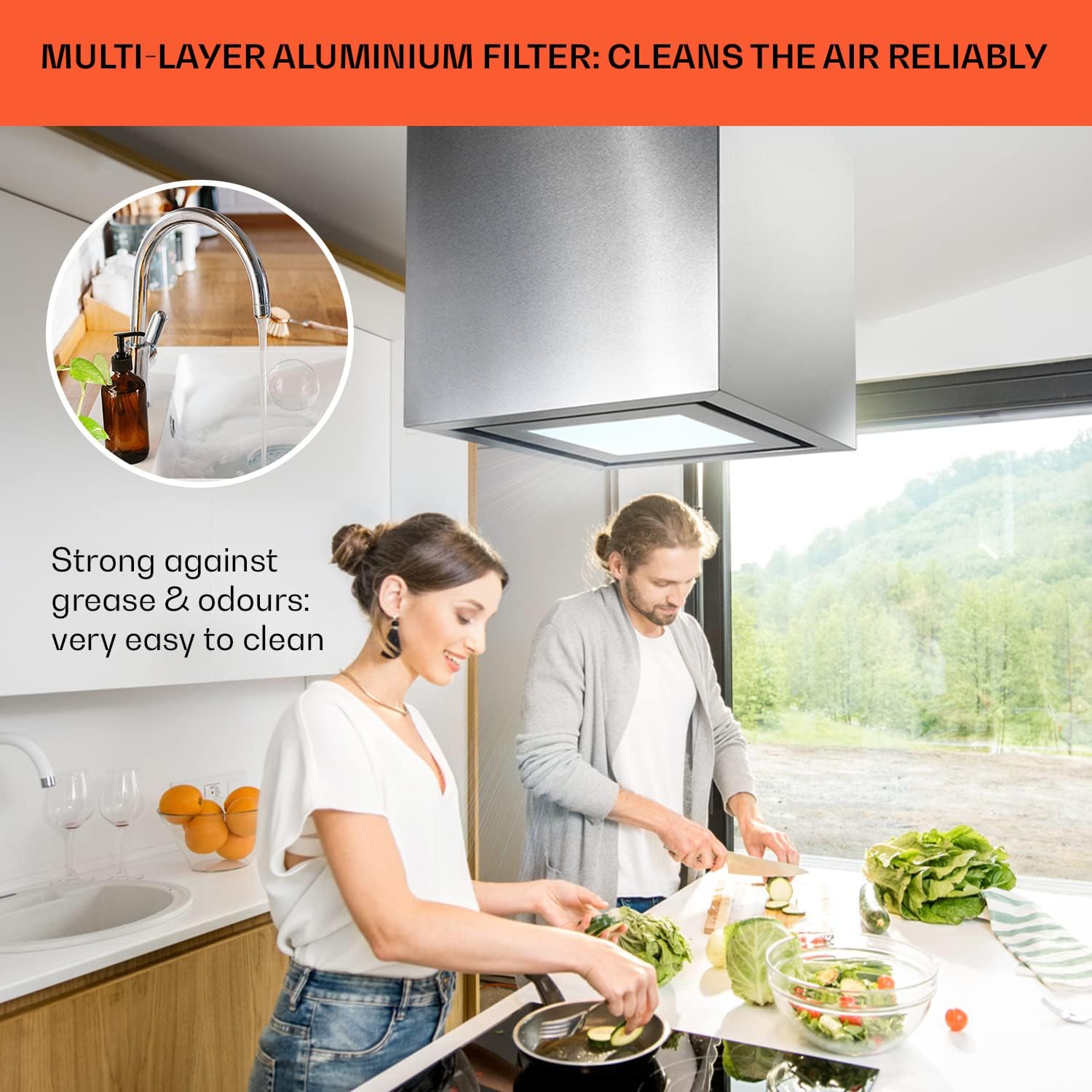 Detalle 2 de Klarstein 4060656448539 – okap wyspowy 595 m³/h, 3 biegi, sterowanie aplikacją