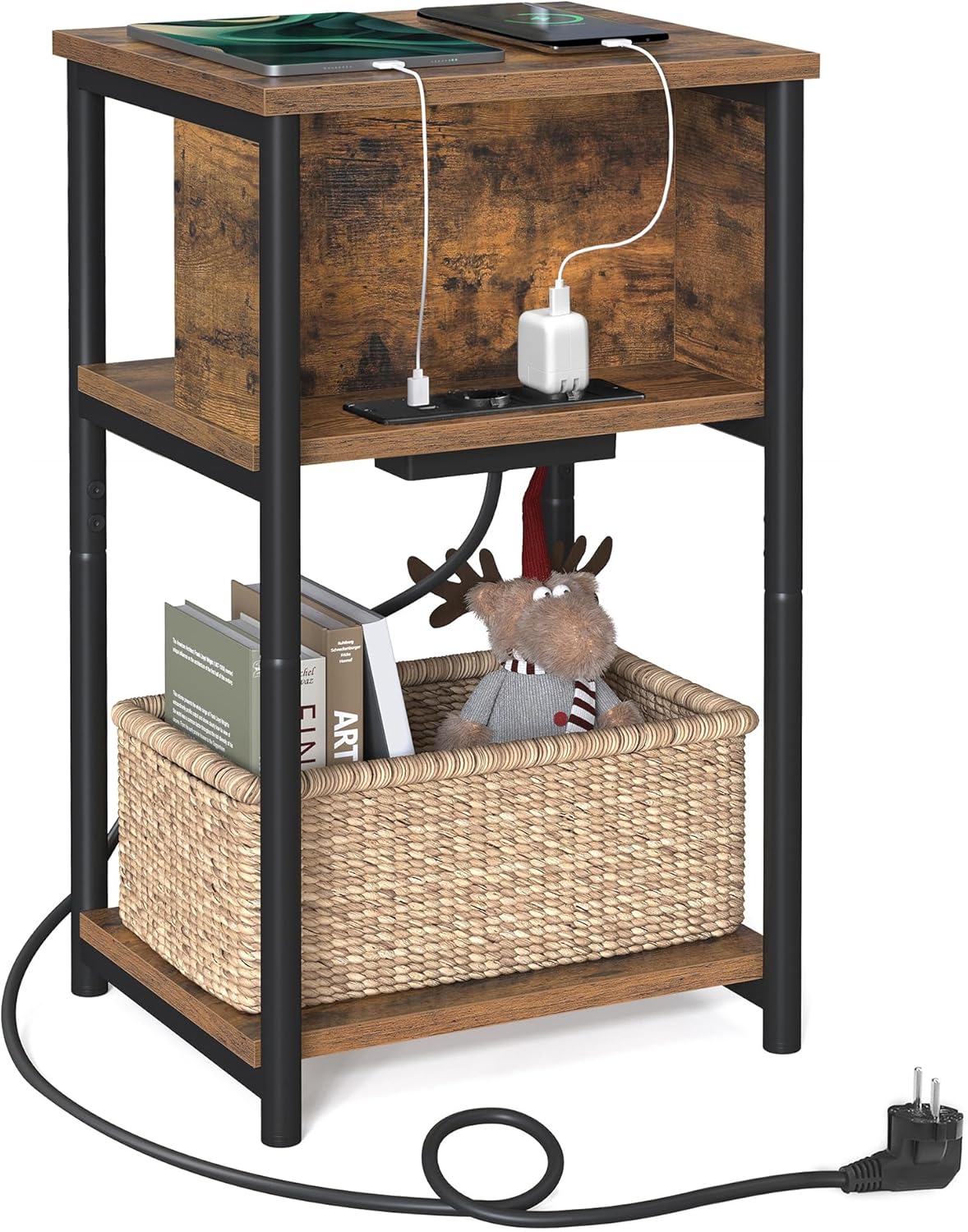 Detalle de VASAGLE LET375B01 comodino con multipresa 30×34×58 cm