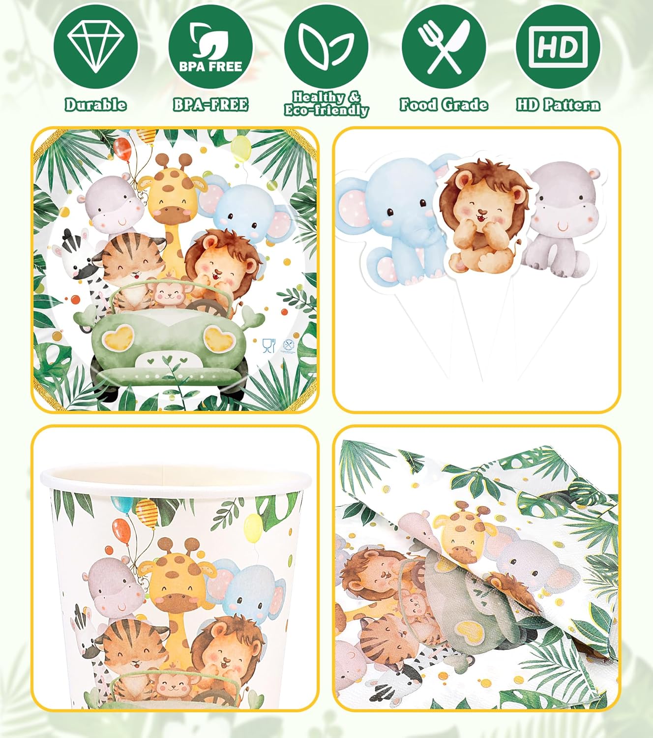 Thumbnail 5 de Ophy Set stoviglie per feste Jungle Safari, 134 pezzi con striscione e decorazioni per bambini