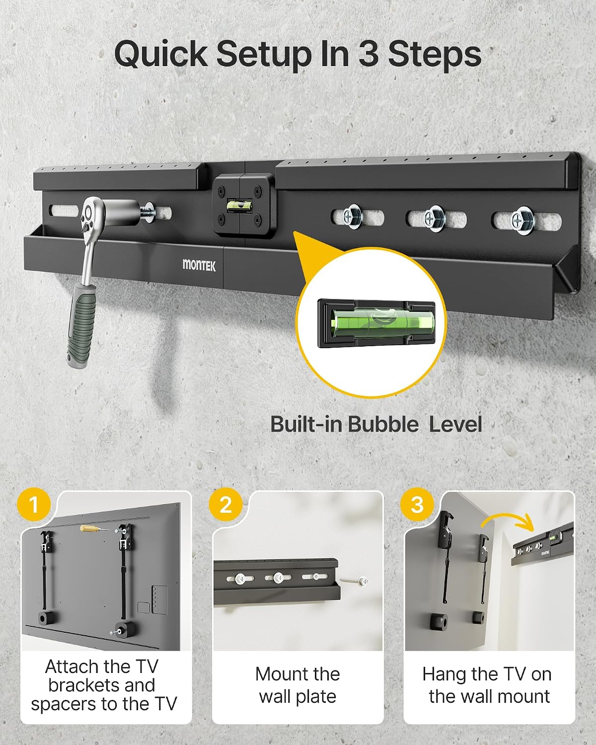 Detalle de monTEK No Stud TV Wall Mount for 37-86 Inch TVs (No Drill, Low Profile, Up to 165 lbs)