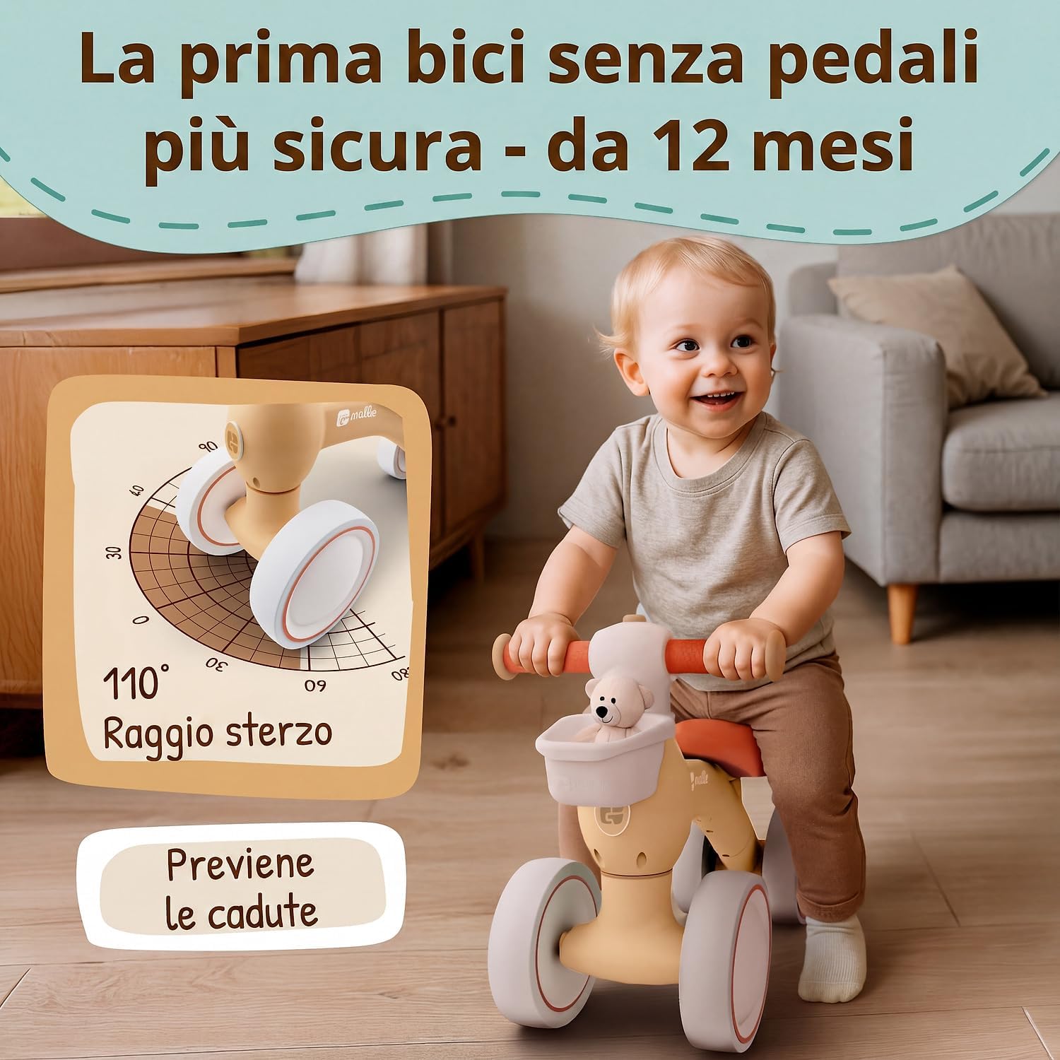 Detalle de Mallie® Bicicletta Senza Pedali con cestino – balance bike per bimbi 1–2 anni