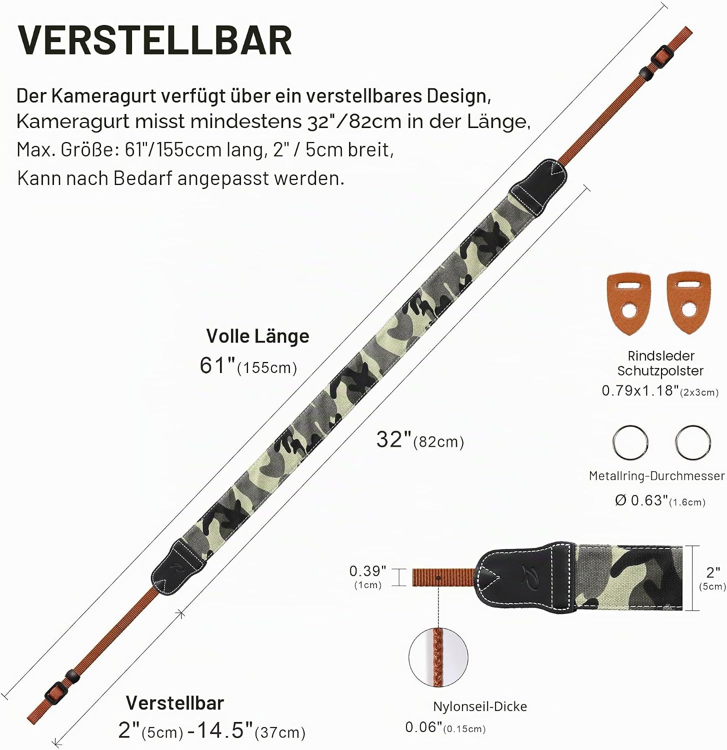 Thumbnail 4 de Tarnen Kameragurt – Doppellagiges Echtes Leder, 5 cm breit, verstellbar