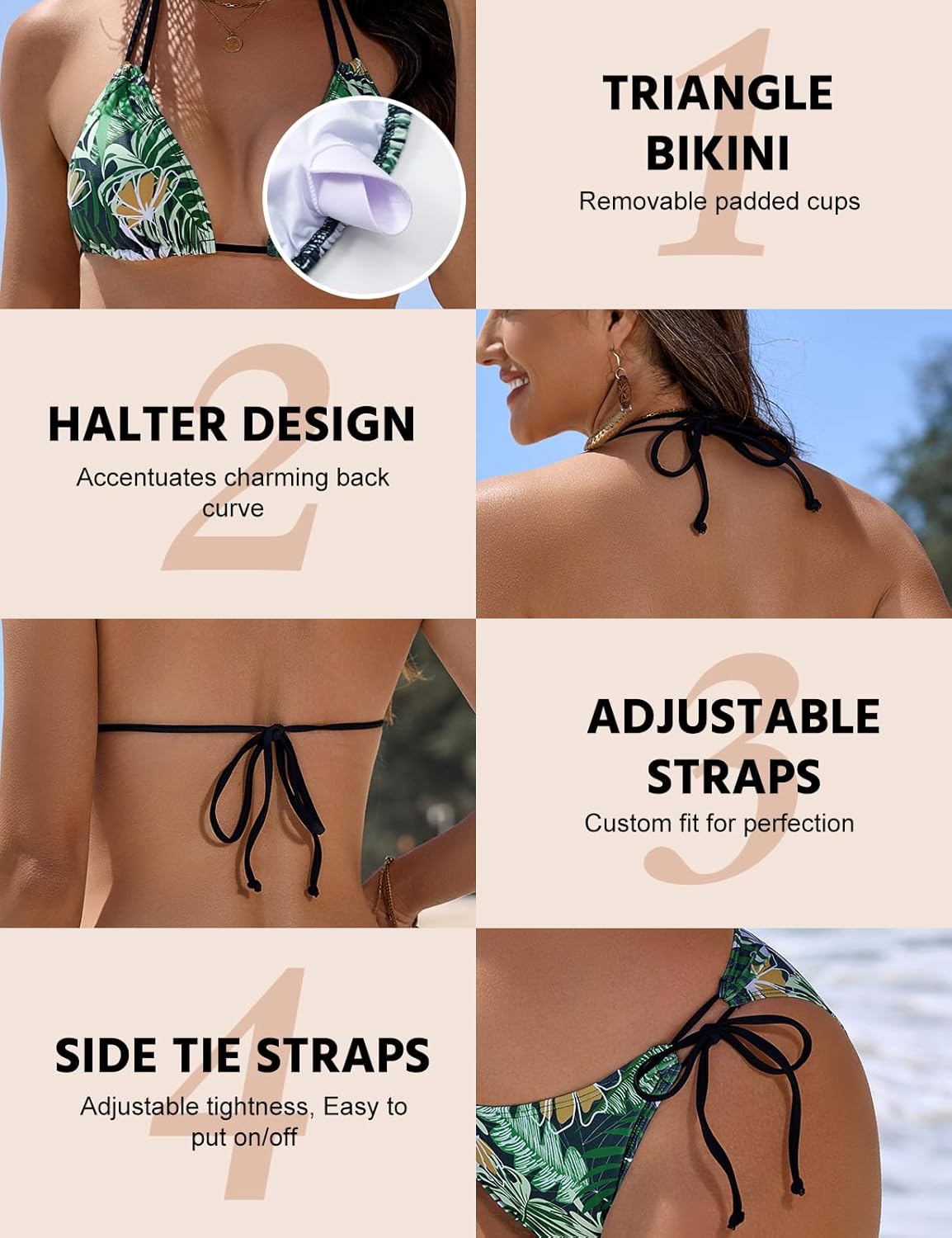 Thumbnail 4 de Svanco Triangel Bikini Damen-Set mit Halskordelbindung – gepolstertes Neckholder-Bikinioberteil & verstellbare Hose