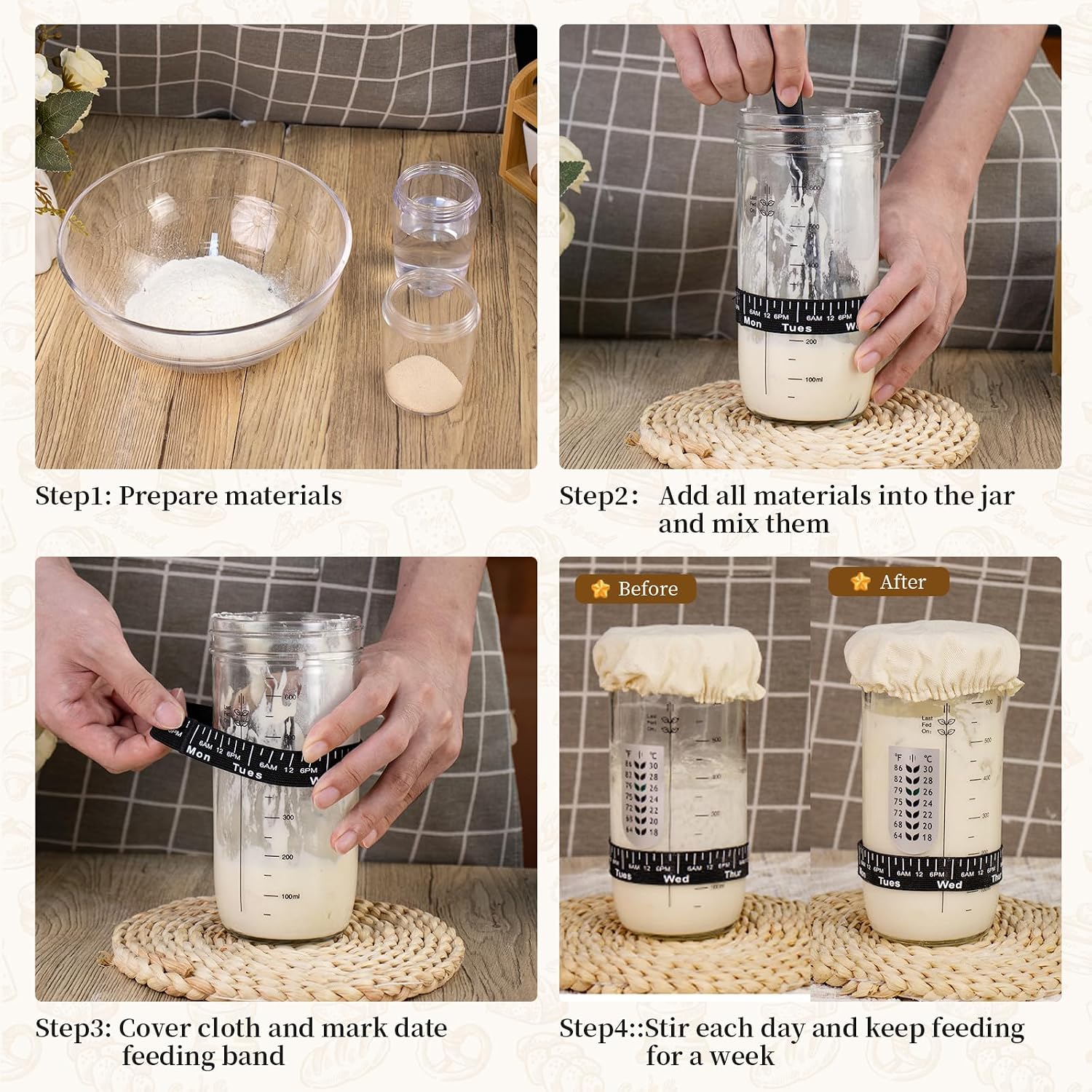 Detalle 1 de XWXO 1 Sourdough Starter Kit with 10-Inch Round Banneton and Baking Tools