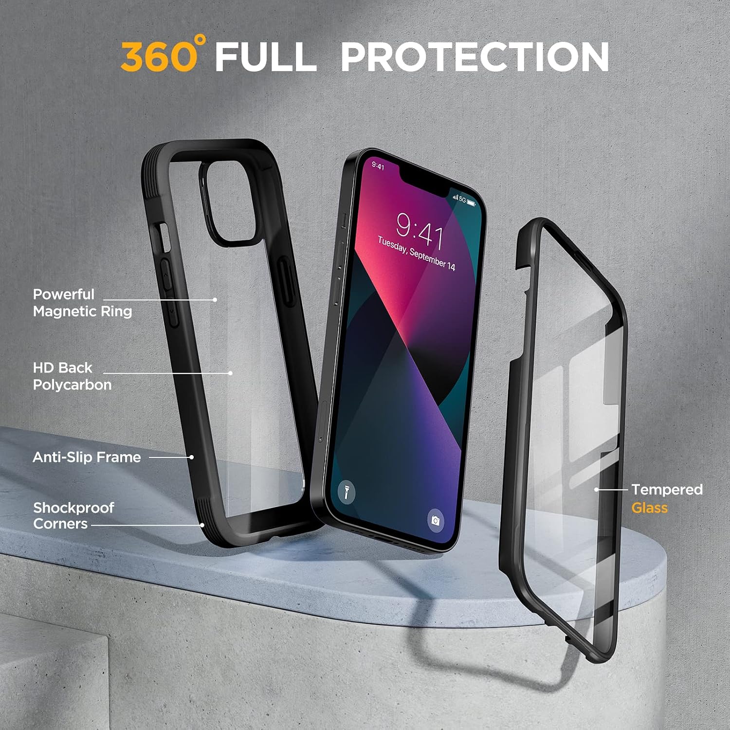 Detalle 2 de Miracase iPhone 13 6.1" case with built-in 9H glass screen protector (clear back, black bumper)