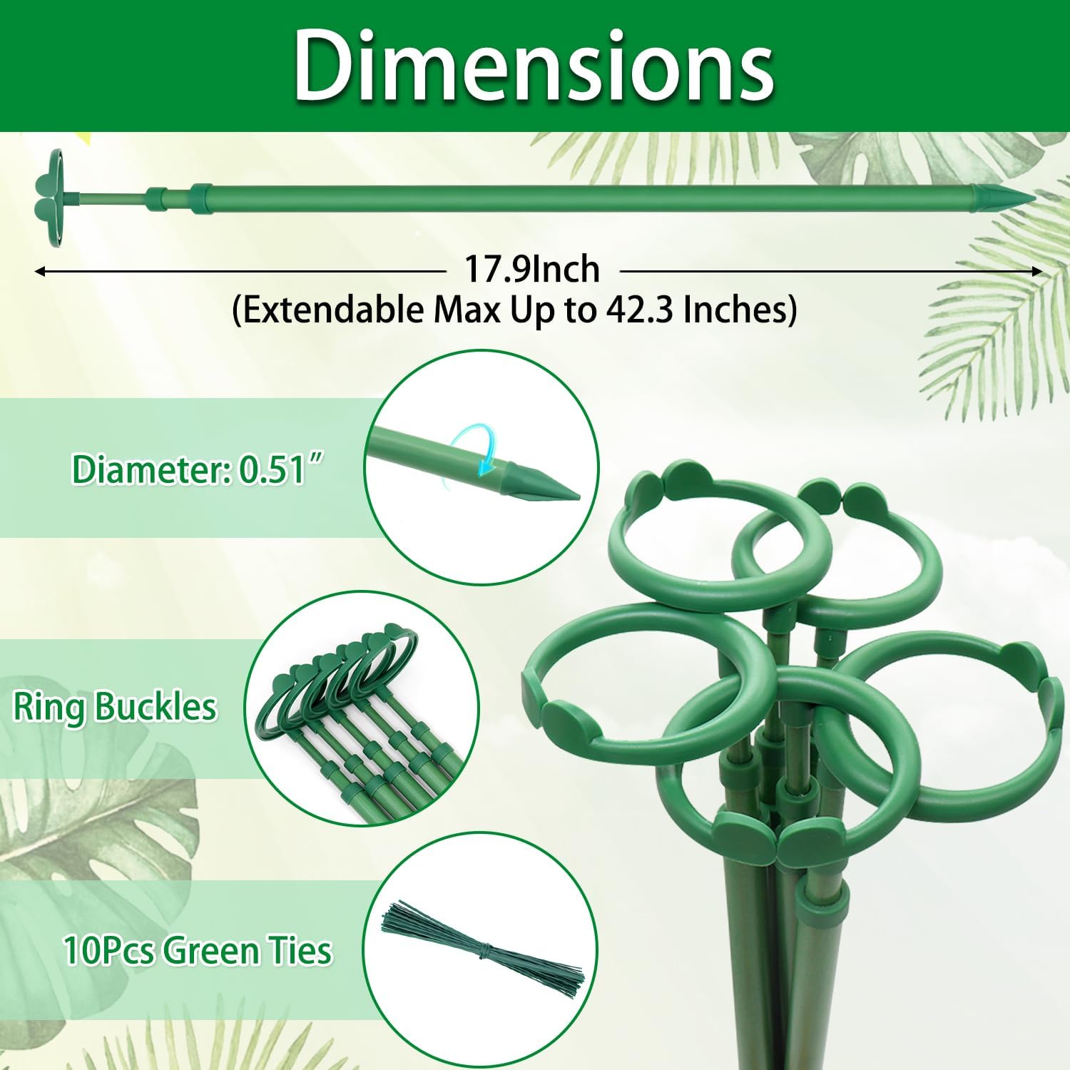 Detalle 2 de BOVITRO XSSSG-3 Extendable Plant Stakes, Fiberglass, 17.9–42.3 Inches, 3-Pack