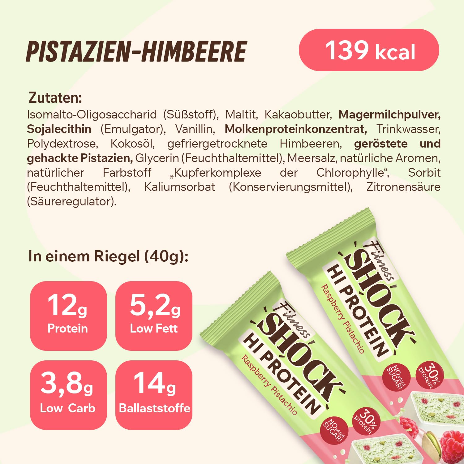 Thumbnail 5 de FitnesSHOCK Proteinriegel Set mit 30% Eiweiß, 12 g pro Riegel (12 Stk) – Pistazie, zuckerfrei, low carb
