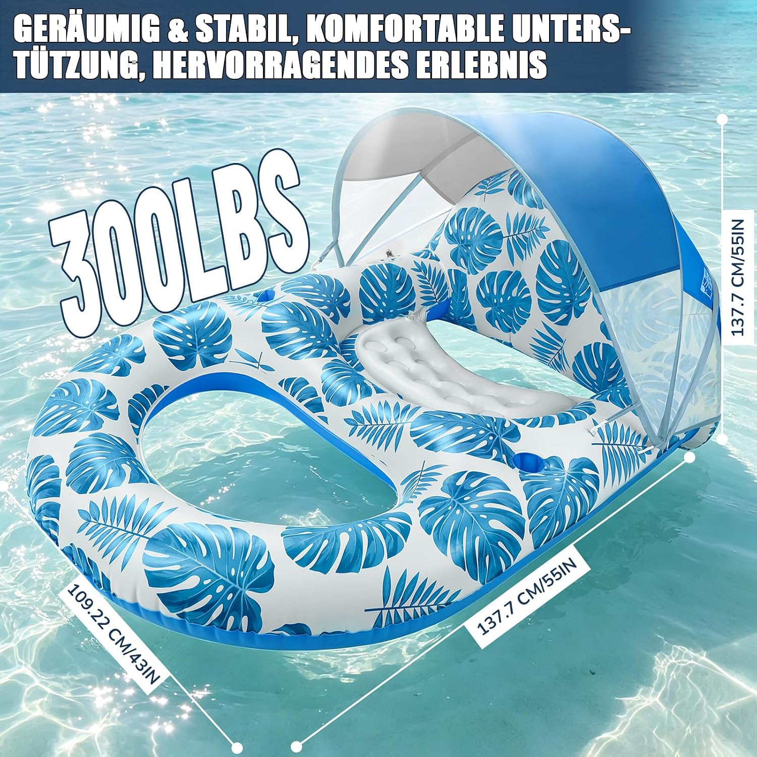 Detalle 2 de Cheffery Luftmatratze Pool – Aufblasbares Sonnenpool-Sofa mit Sonnendach, Getränkehalter und Fußstütze