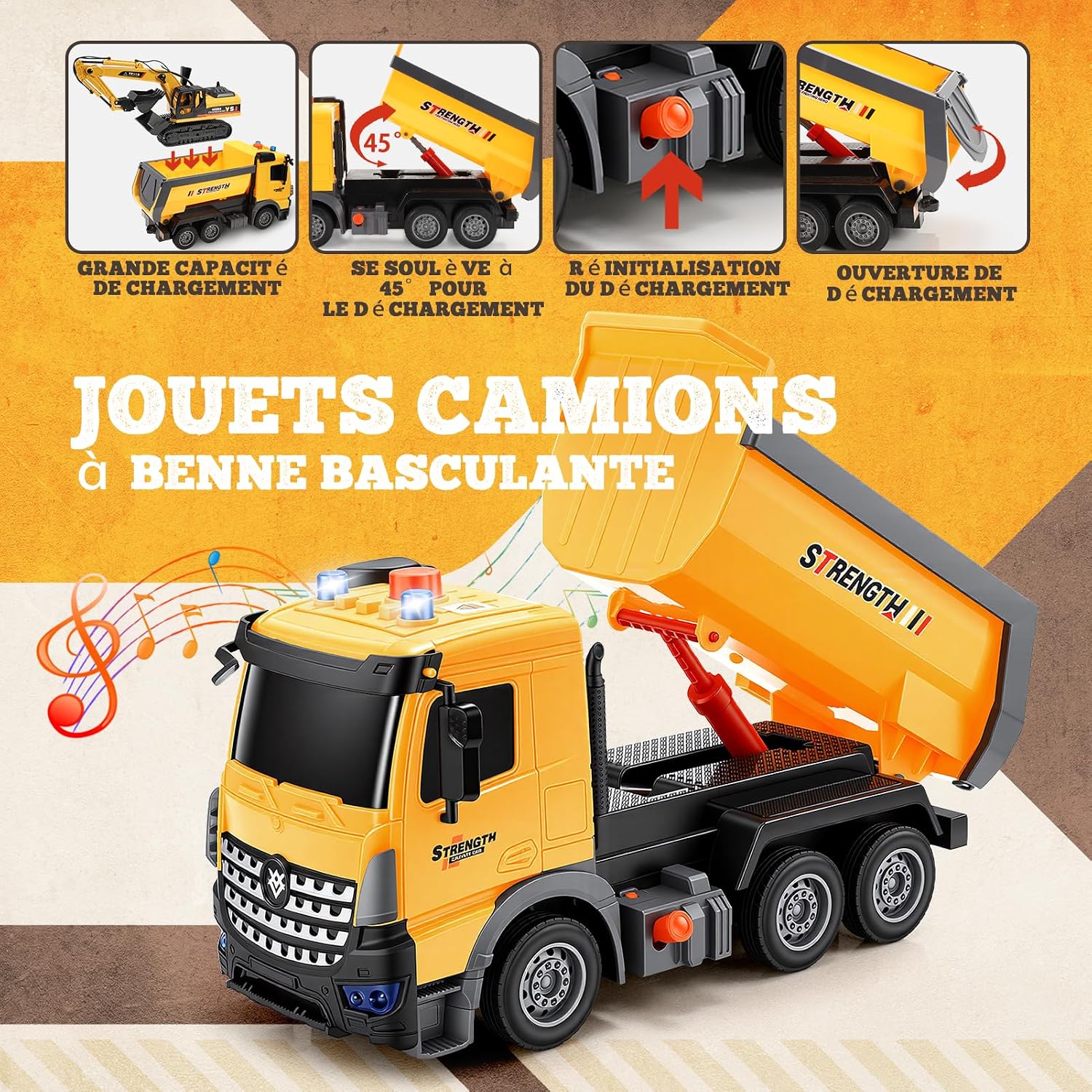 Detalle 2 de EUCOCO bouwvoertuigenset met graafmachine, kiepwagen en 20 kunststof stenen