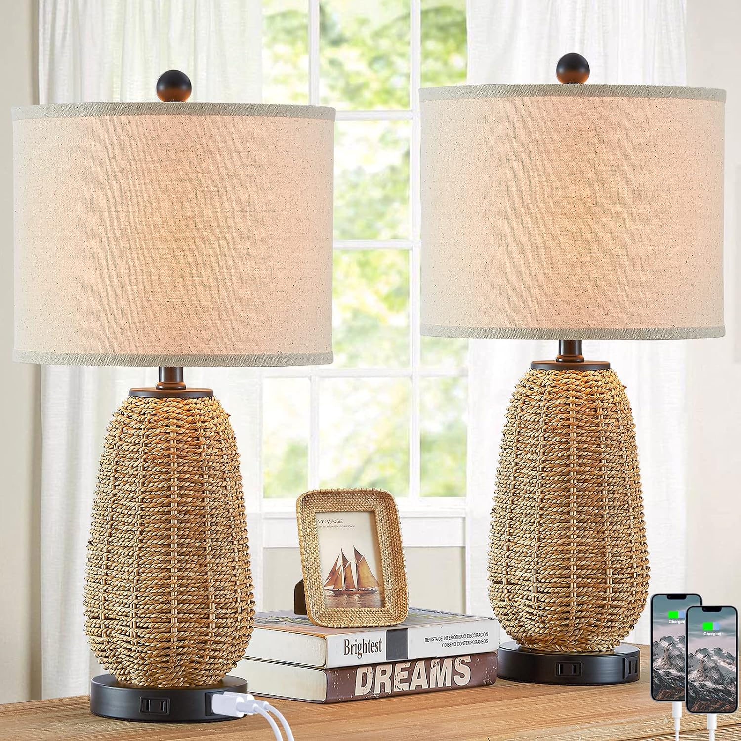 Detalle de CINSARY TD-CS-65 Rattan Table Lamps, Set of 2 with Touch Dimming