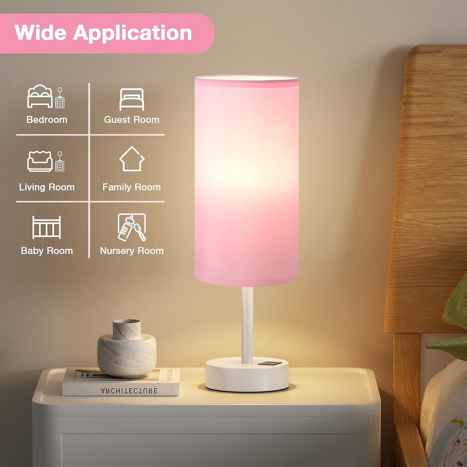 Detalle de Aooshine Pink Bedside Lamps with Touch Control and USB-C + USB-A Charging Ports (White Base, Bulb Included)
