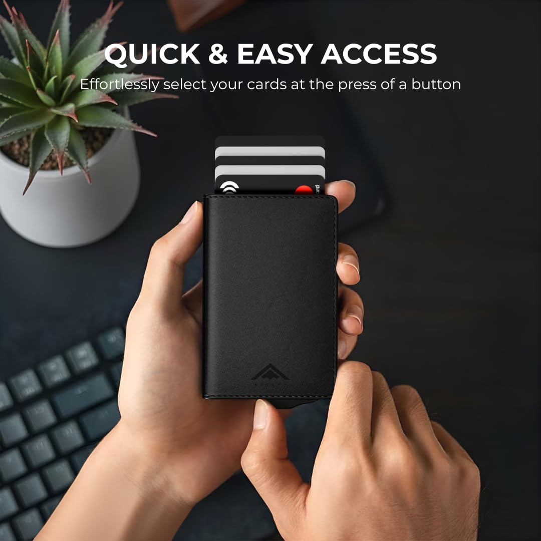 Thumbnail 1 de Stealth Wallet RFID Card Holder Wallet — Slim pop-up metal card case with gift box (Black aluminium & black leather)