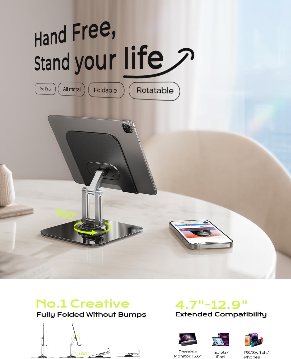 Detalle de LISEN Tablet Stand Holder for iPad (4.7–12.9 in) – All-Metal Desk Stand with 360° Rotation