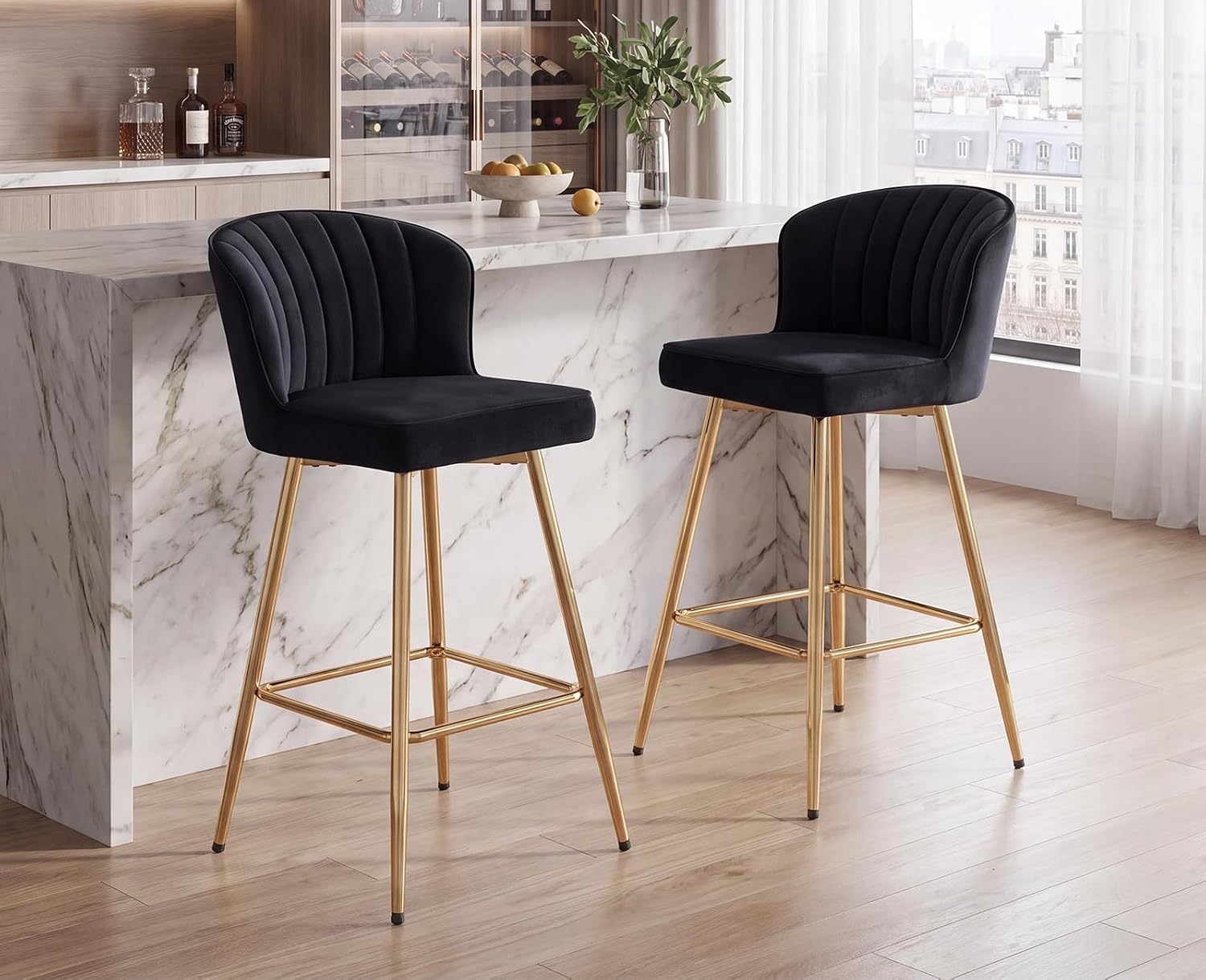Thumbnail 5 de chairus barkrukken set van 2 in fluweel met zwart-goudkleurig metalen frame