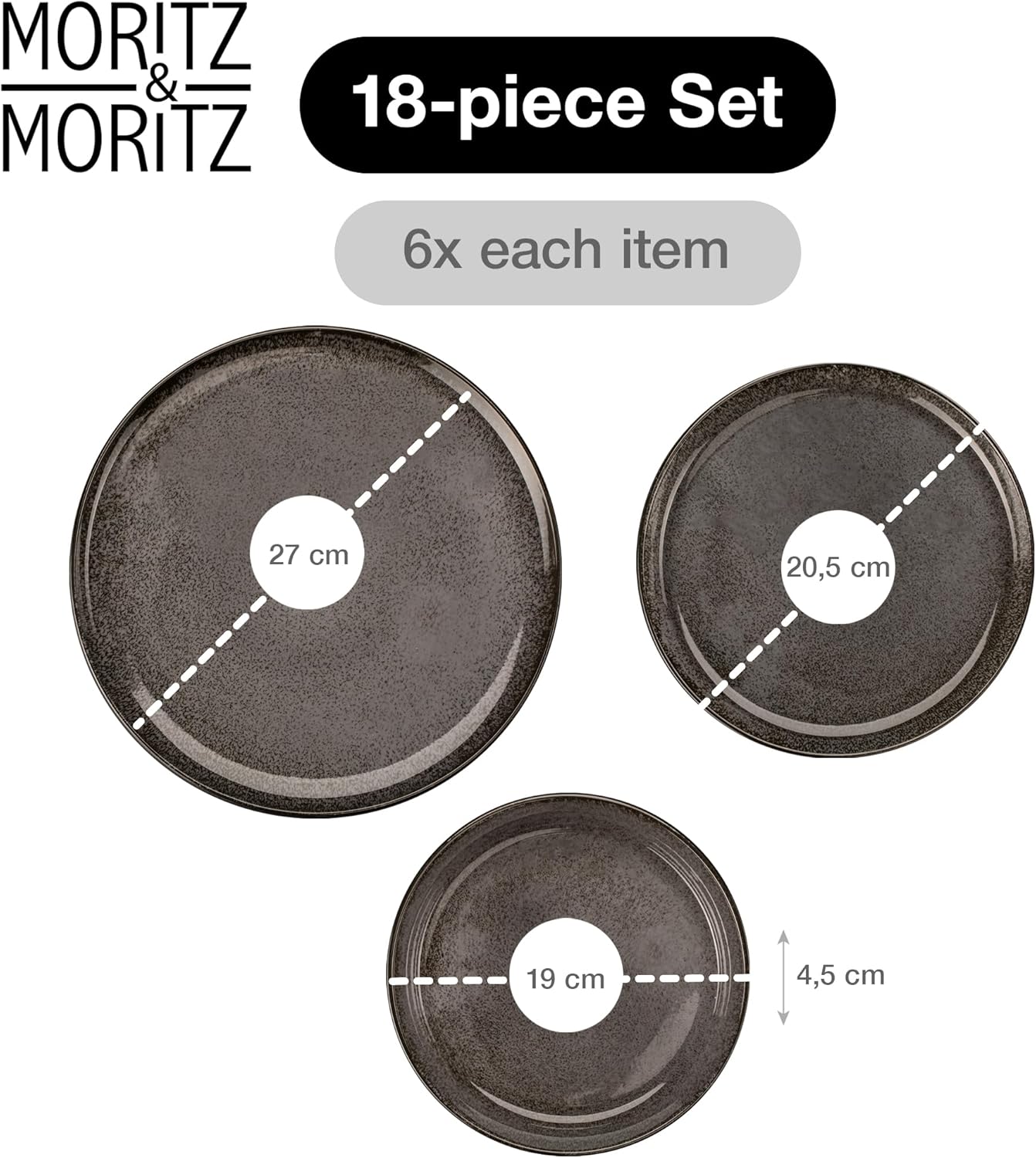 Detalle de Moritz & Moritz VIDA 18-Piece Anthracite Porcelain Dinner Set for 6