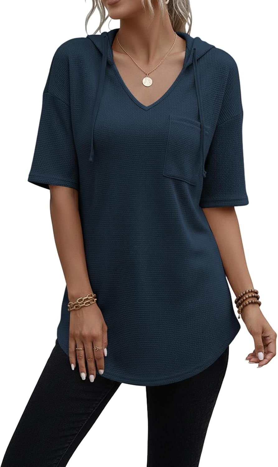Detalle de Cuptacc Pullover Damen Hoodie mit V-Ausschnitt – Langarm Kapuzenpullover aus weichem Waffelstrick
