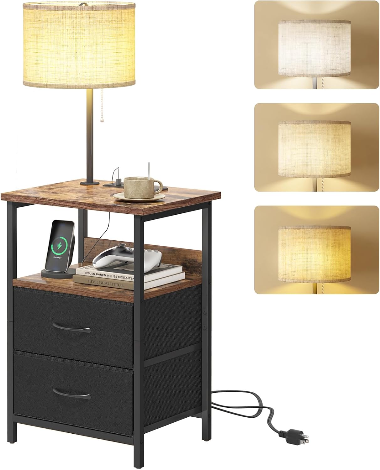 Detalle de Fixwal Bedside Table with 3 Color Temperature Reading Light and Charging Station, Black