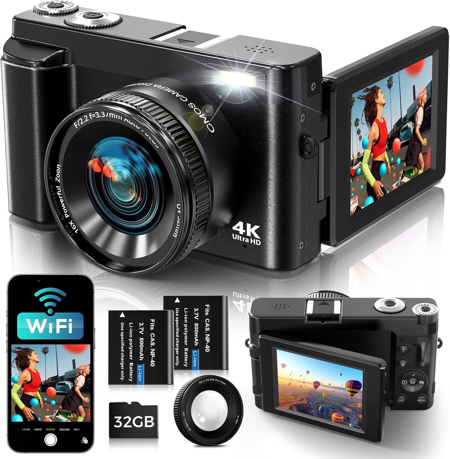 Detalle de Digitalkamera 4K mit WiFi, 64 MP – Kompakt, ideal für Teens, Anfänger und Vlogging