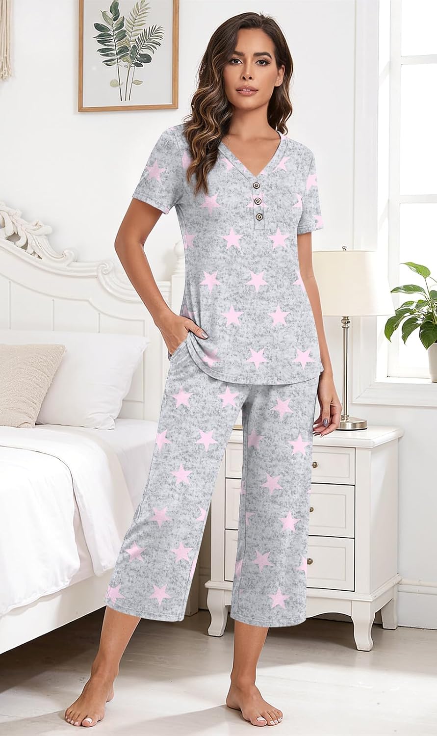 Detalle de Anyally Women's Pajama Set: Summer 2-Piece Short Sleeve Top + Capri Pants with Pockets