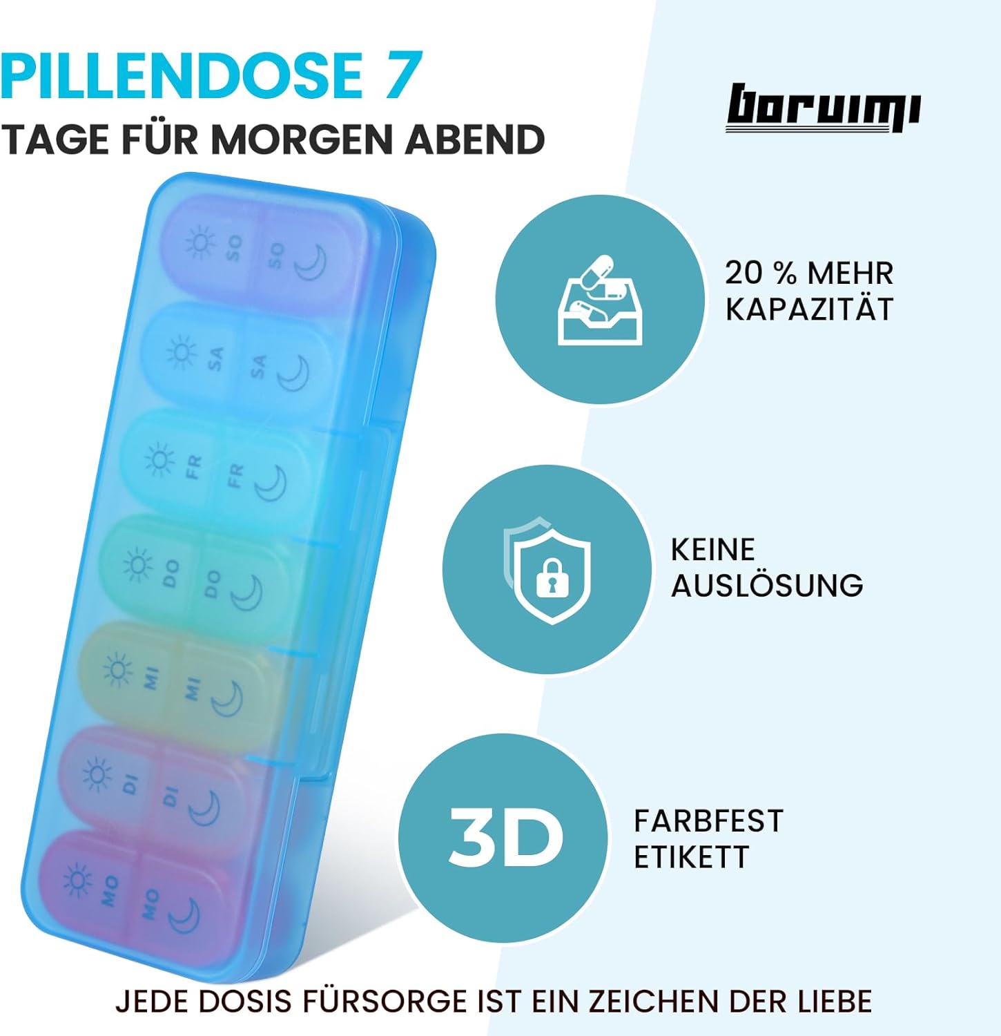 Detalle de Doruimi Tablettenbox 7 Tage – Morgens & Abends, BPA-frei, 2 Fächer pro Tag, kompakt und langlebig (Blau)